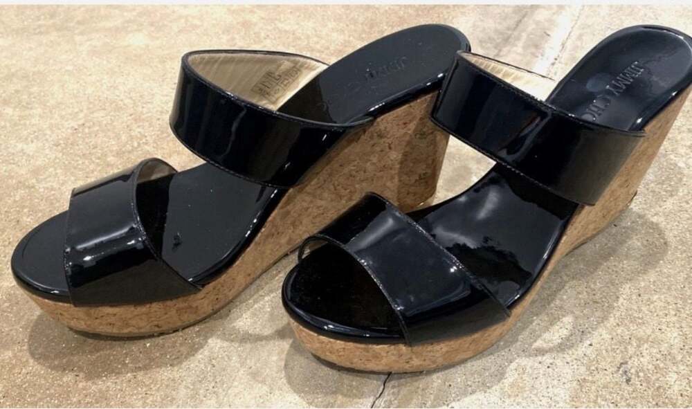 Jimmy Choo Black Patent Leather Cork Wedge Sandals
